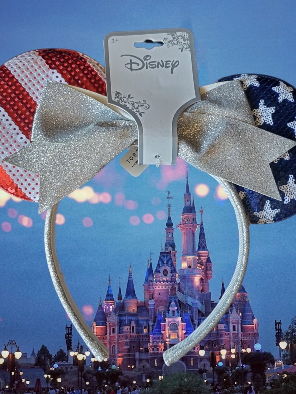 Disney Patriotic Sequin Minnie Ear Headband with Silver Bow